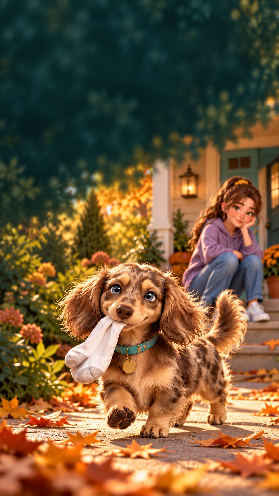 Thor, a dapple long-haired dachshund carrying a sock, with Taylor on the porch behind him.
